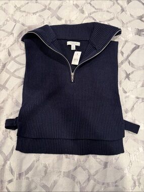 Ann Taylor Navy Ribbed Half-Zip Cowl Sweater